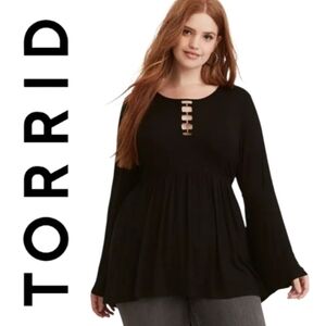 Torrid Super Soft Black Crew Neck O-Ring Babydoll Tunic Top Long Bell Sleeve